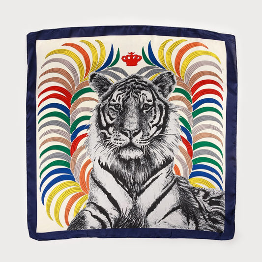 Caracol Satin Squared Scarf w/Colourful Lines & Tiger Navy 6237-NAV