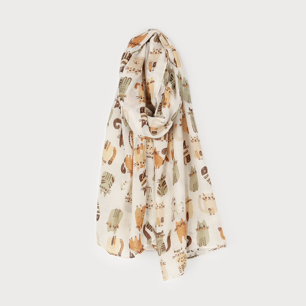 Caracol Lightweight Scarf w/Fun Cat Print Beige 6256-BGE