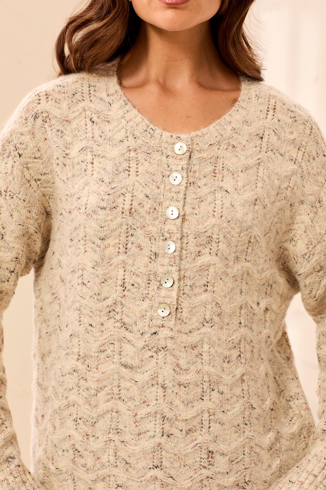 Tribal Henley Sweater w/Scallop Hem M Cream 62770-5035-3288