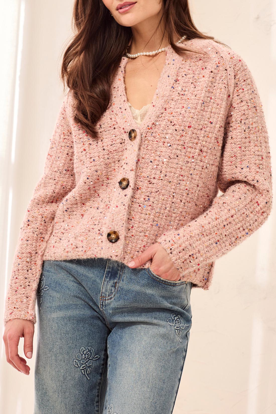 Tribal Tweed Like Sequined Sweater Cardigan M Macaron 63010-5781-3425