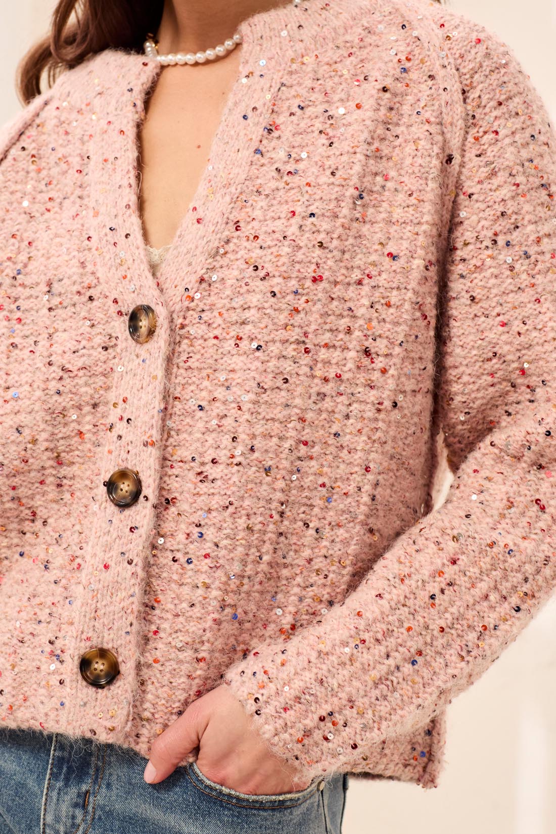 Tribal Tweed Like Sequined Sweater Cardigan M Macaron 63010-5781-3425