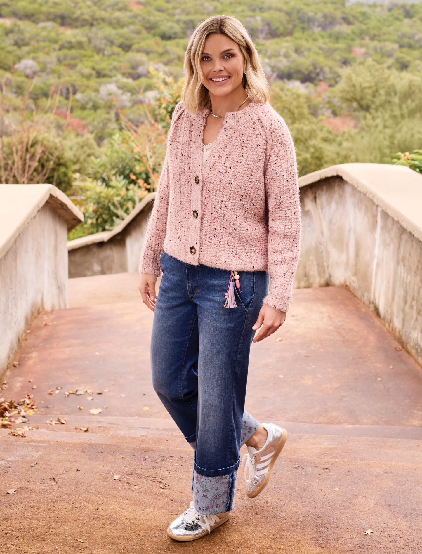 Tribal Tweed Like Sequined Sweater Cardigan M Macaron 63010-5781-3425