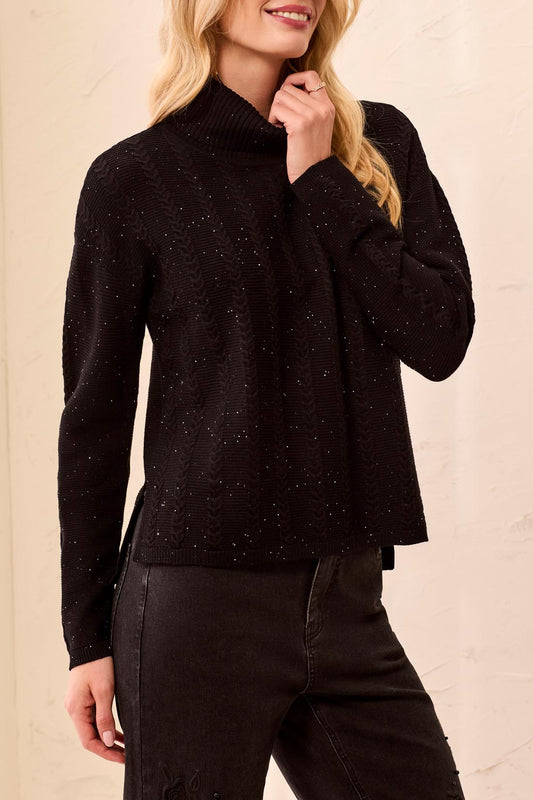Tribal Turtleneck Cable Stitch Sweater w/Side Slits Black 63090-5063-3407-0002