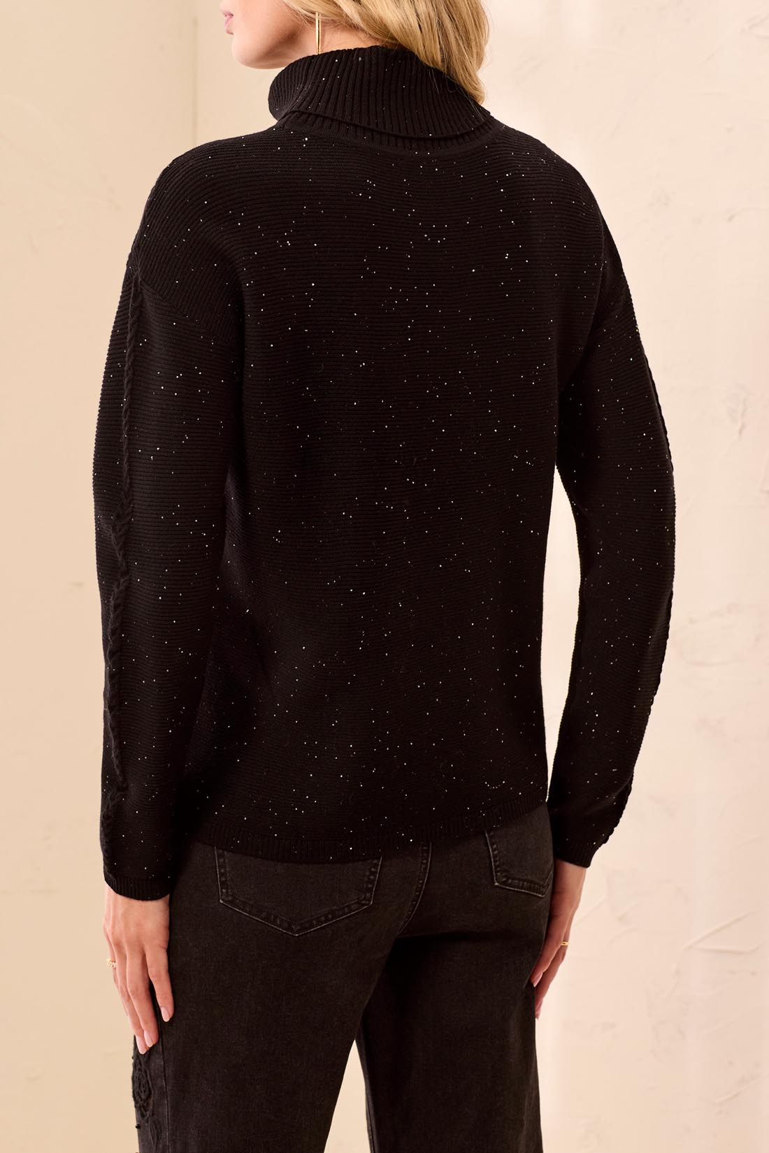Tribal Turtleneck Cable Stitch Sweater w/Side Slits Black 63090-5063-3407-0002