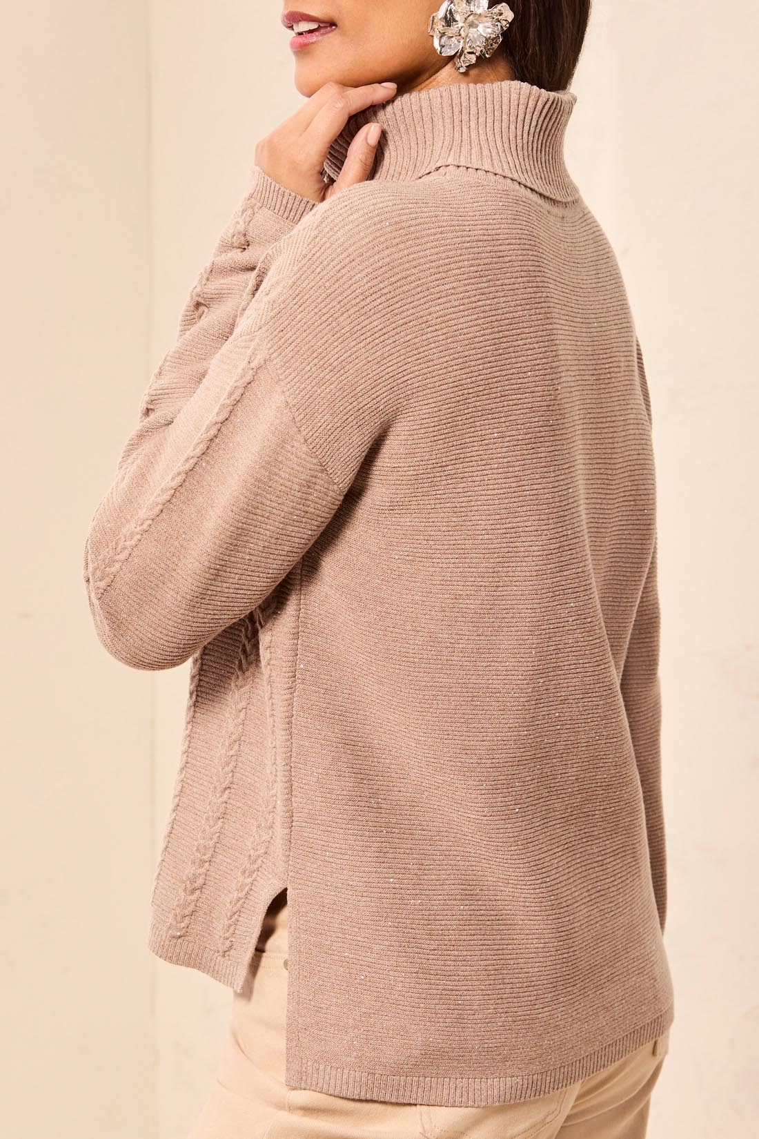 Tribal Turtleneck Cable Stitch Sweater w/Side Slits Dk. Pashmina 63090-5063-3407