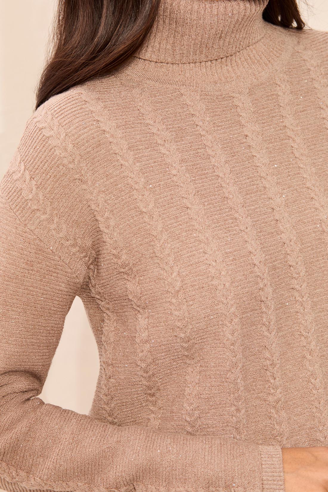 Tribal Turtleneck Cable Stitch Sweater w/Side Slits Dk. Pashmina 63090-5063-3407