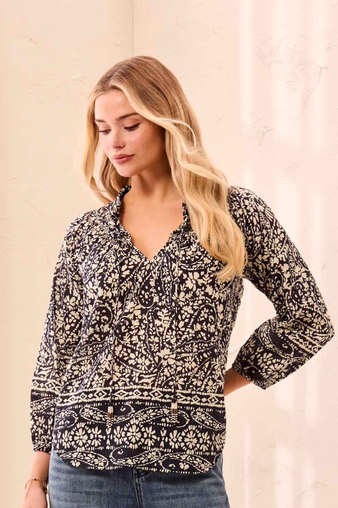 Tribal Blouse w/Embroidery & Tassel Black/White 63410-5636-1356