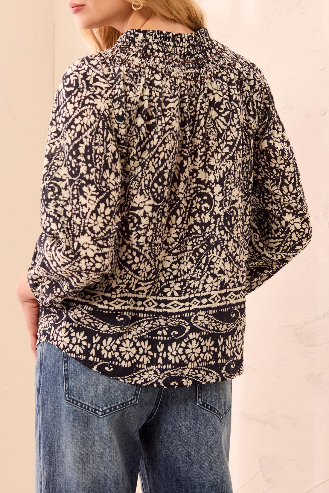 Tribal Blouse w/Embroidery & Tassel Black/White 63410-5636-1356
