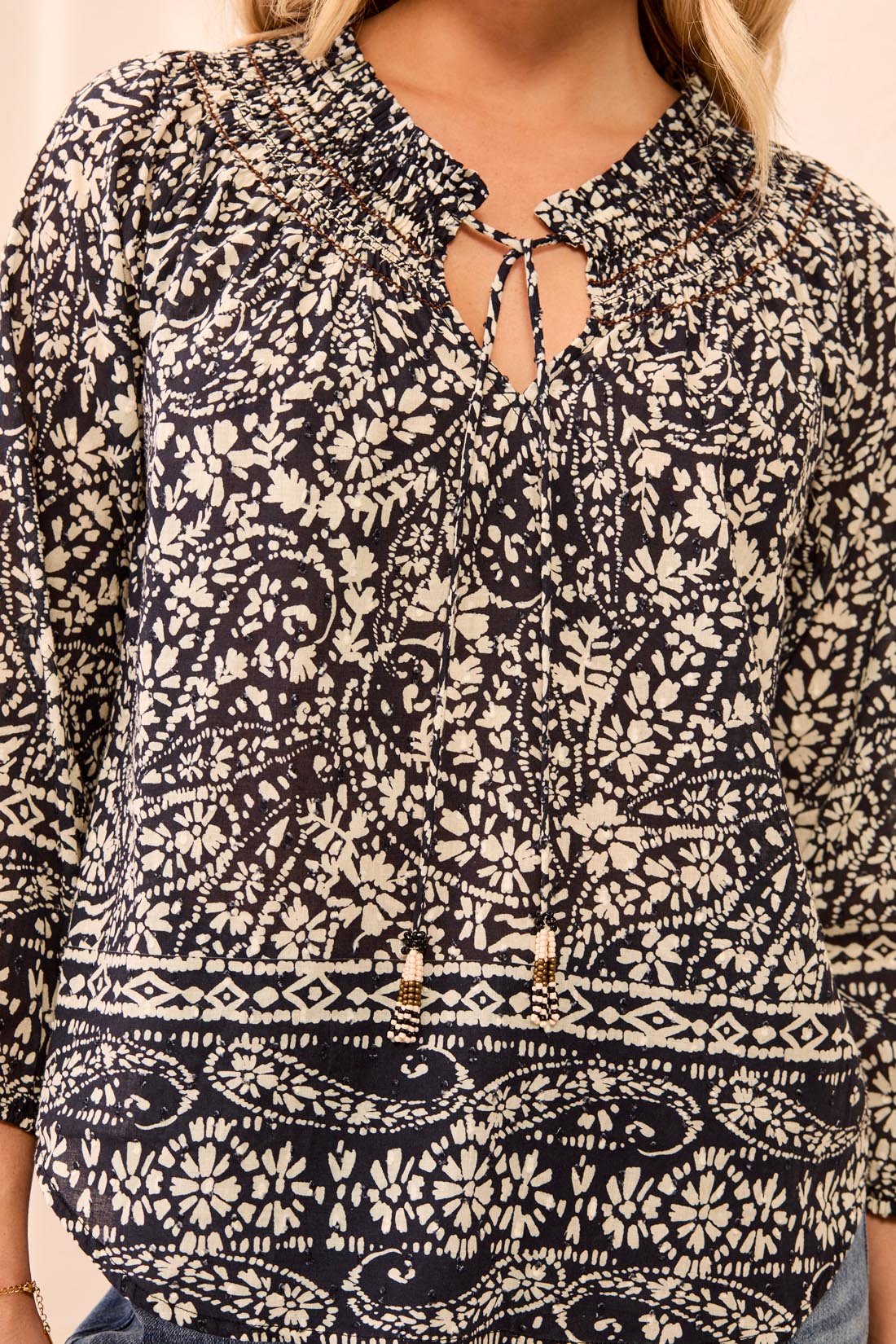 Tribal Blouse w/Embroidery & Tassel Black/White 63410-5636-1356