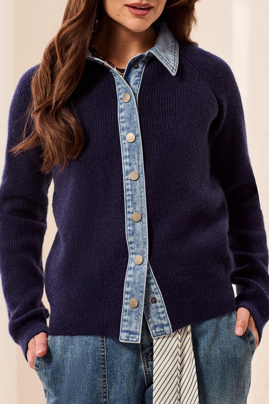 Tribal Mixed Media Sweater Jacket w/Denim Detail Night Fall 63500-5622-1625