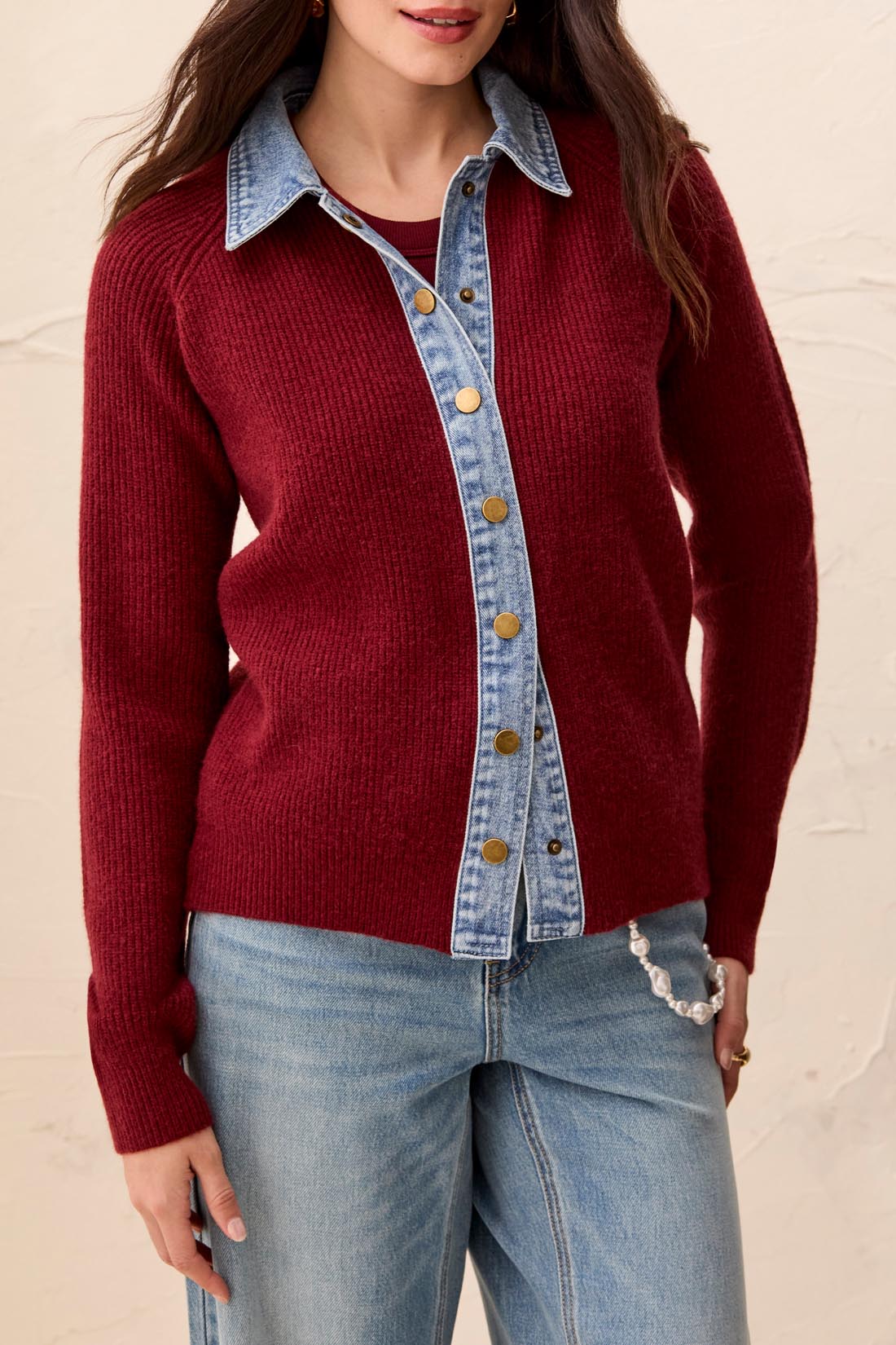 Tribal Mixed Media Sweater Jacket w/Denim Detail Cherry Lacquer 63500-5622-2542