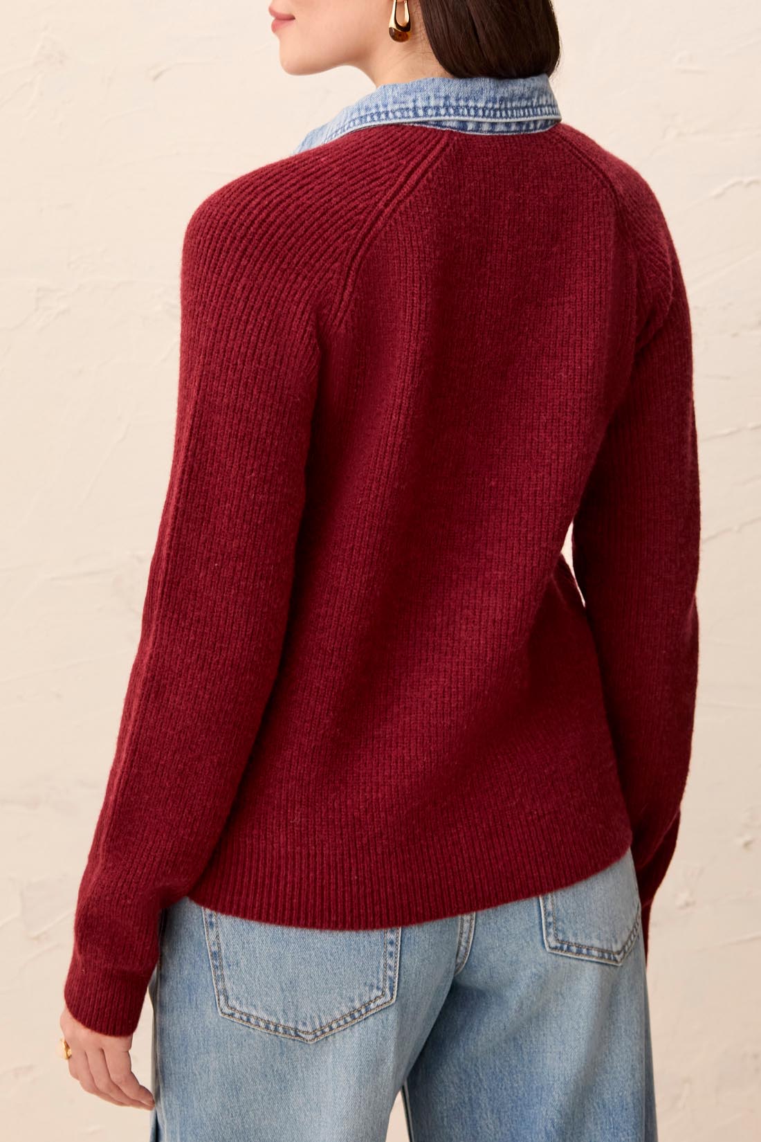 Tribal Mixed Media Sweater Jacket w/Denim Detail Cherry Lacquer 63500-5622-2542