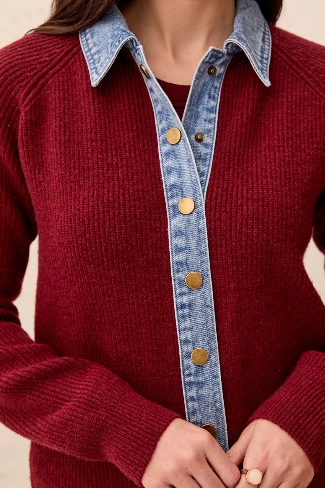 Tribal Mixed Media Sweater Jacket w/Denim Detail Cherry Lacquer 63500-5622-2542