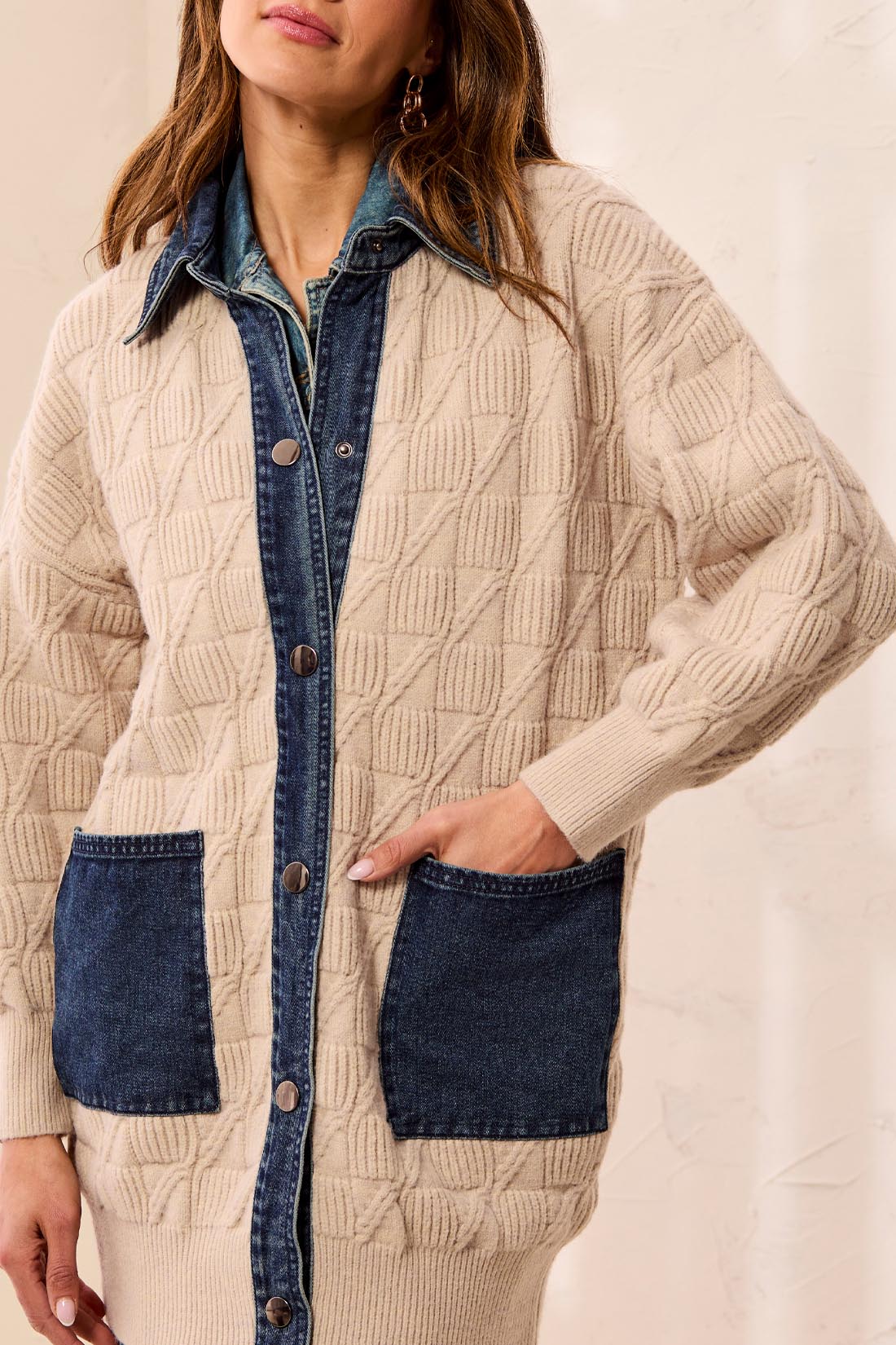Tribal Mixed Media Sweater Coatigan w/Denim Detail Lt. Suede 63510-5622-3418