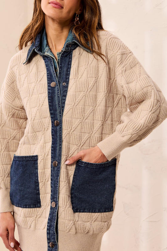 Tribal Mixed Media Sweater Coatigan w/Denim Detail Lt. Suede 63510-5622-3418