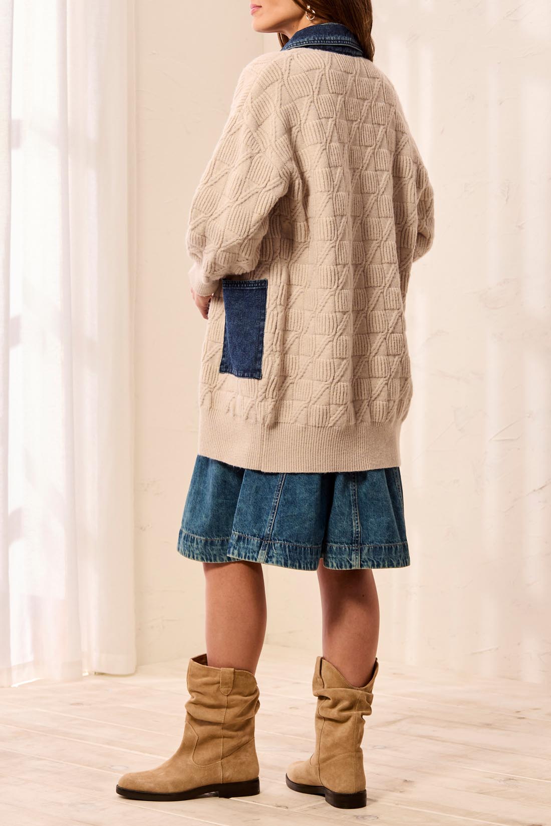 Tribal Mixed Media Sweater Coatigan w/Denim Detail Lt. Suede 63510-5622-3418