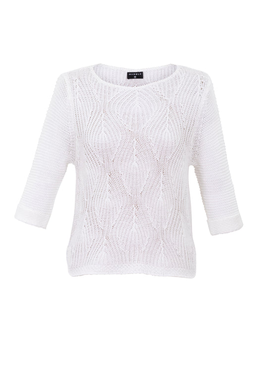 Marble Knit Crew Neck 3/4 Sleeve Sweater White 6912-102