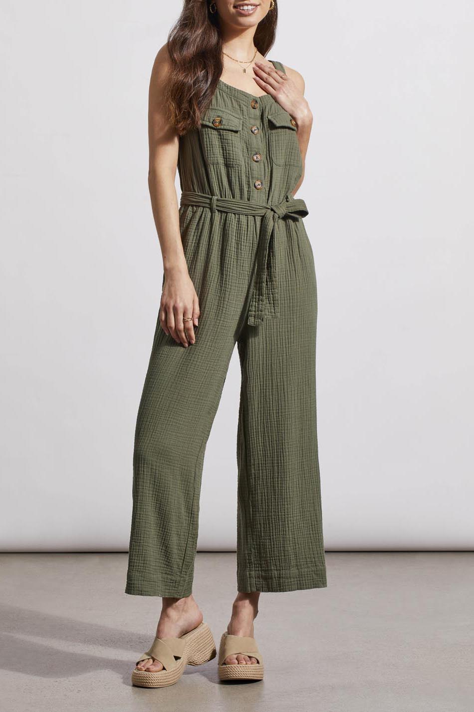 Tribal Button Front Jumpsuit w/Sash & Pockets Fern Green 76760-4555-0357