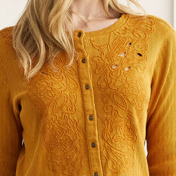 Tribal Button Down Crew Neck Top w/Embroidery Gold Leaf 78580-4811-2993