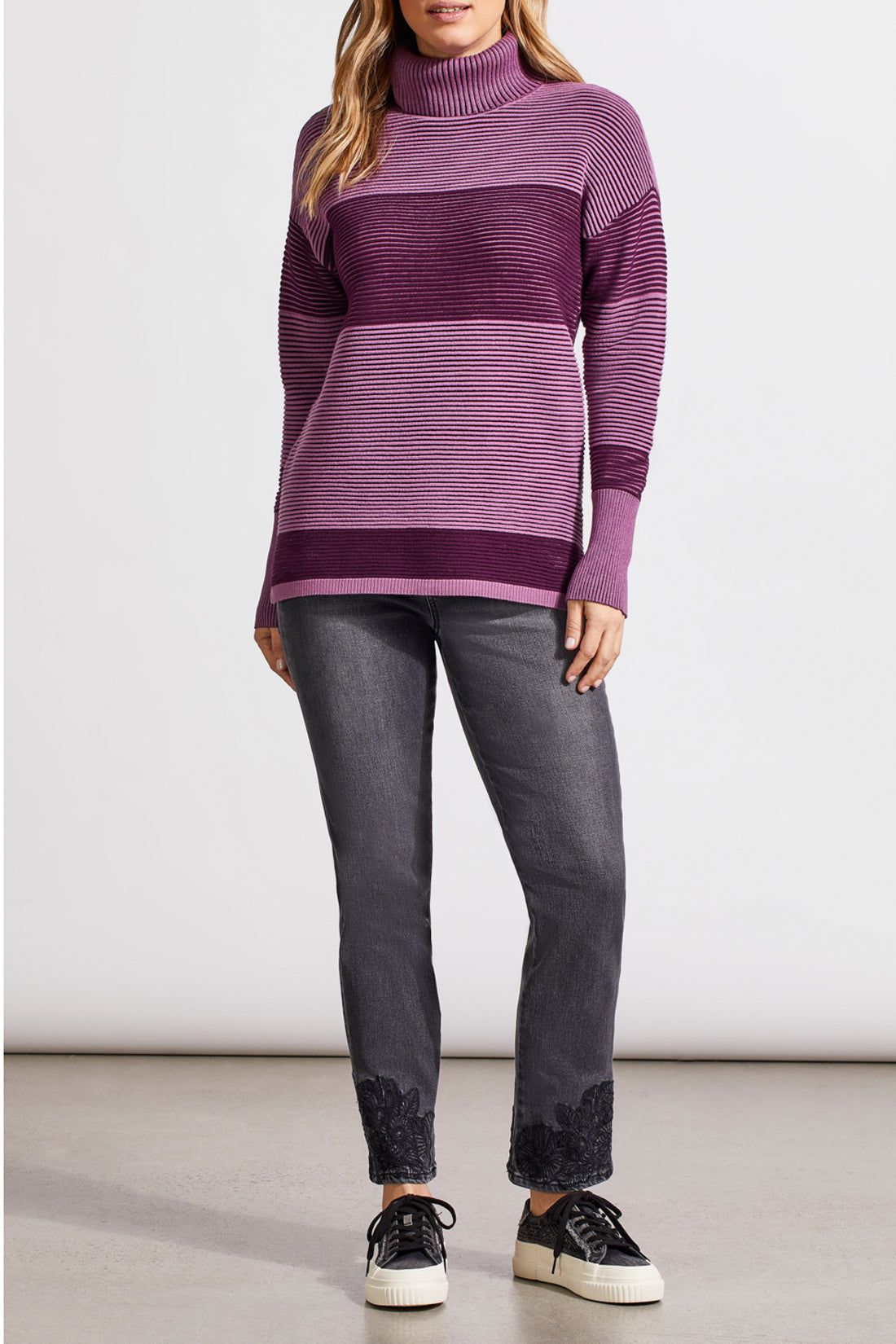 Tribal Two-Tone Ottoman Turtleneck Tunic Sweater Dark Plum 78650-4814-3128