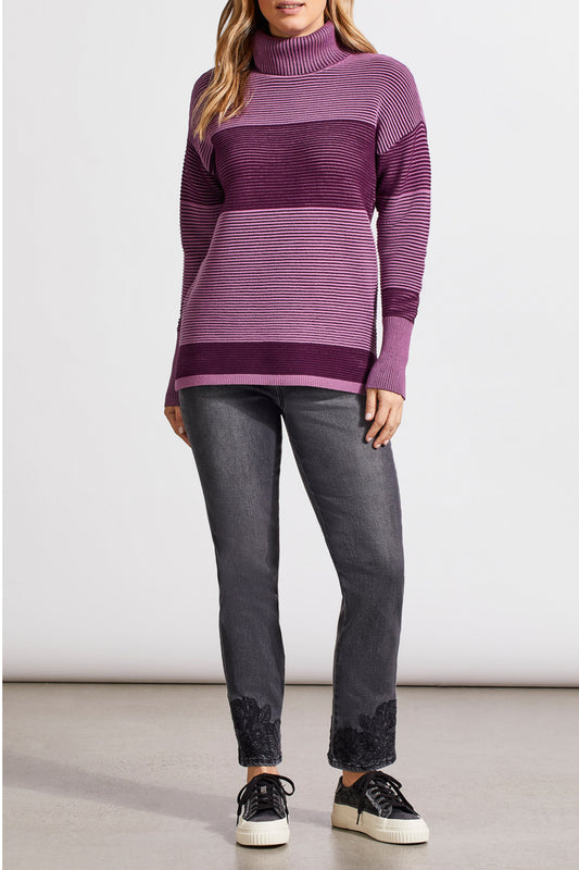 Tribal Two-Tone Ottoman Turtleneck Tunic Sweater Dark Plum 78650-4814-3128