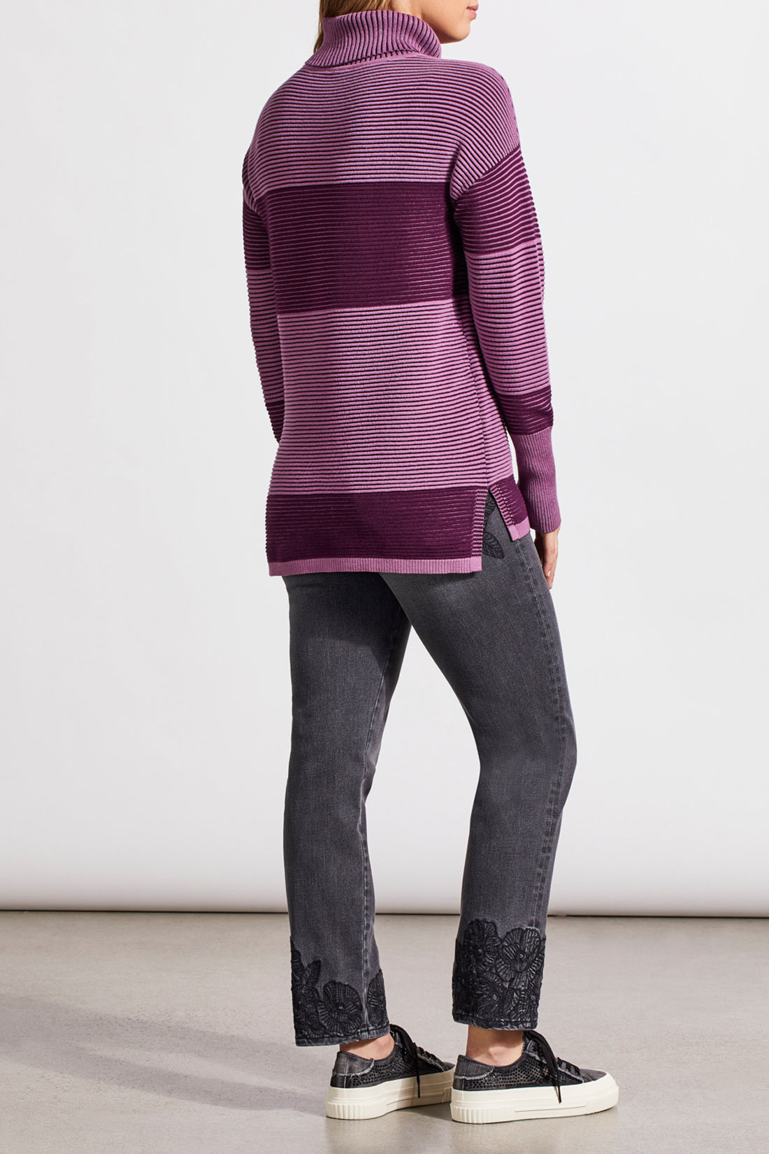 Tribal Two-Tone Ottoman Turtleneck Tunic Sweater Dark Plum 78650-4814-3128