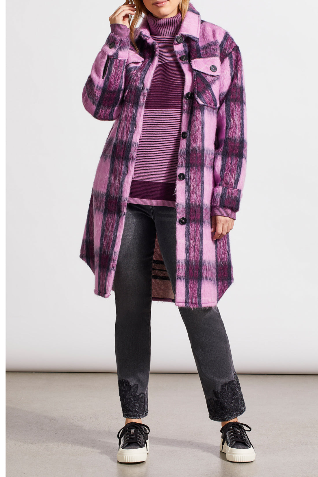 Tribal Two-Tone Ottoman Turtleneck Tunic Sweater Dark Plum 78650-4814-3128