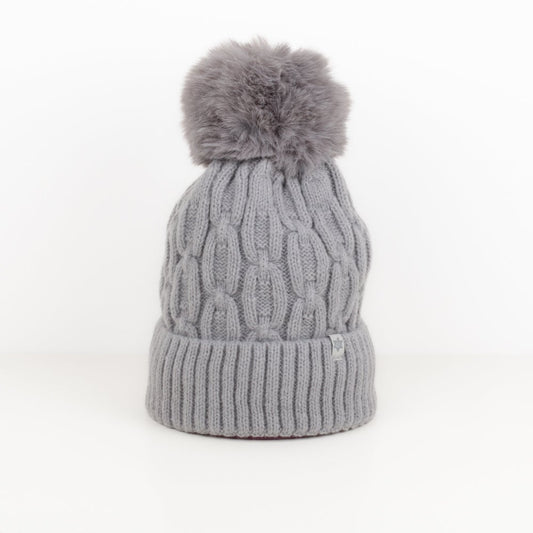 Caracol Cable Knit Fleece Lined Toque w/Faux Fur Pom Gray 8002-GRY