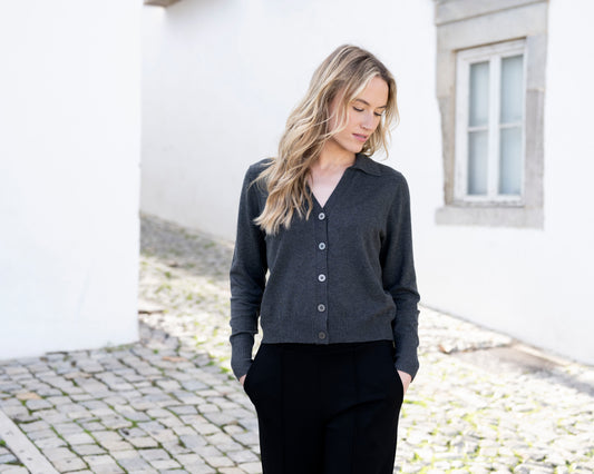Marble Button Front V-Neck Cardigan Charcoal 8005-105
