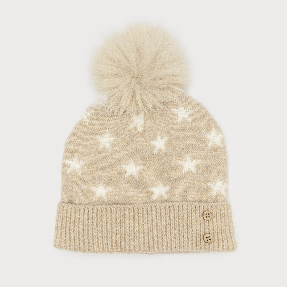 Caracol Soft Beanie w/Pom-Pom Star Pattern Beige 8014-BGE