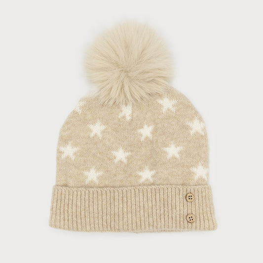 Caracol Soft Beanie w/Pom-Pom Star Pattern Beige 8014-BGE