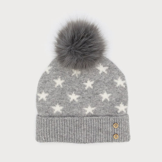 Caracol Soft Beanie w/Pom-Pom Star Pattern Grey 8014-GRY