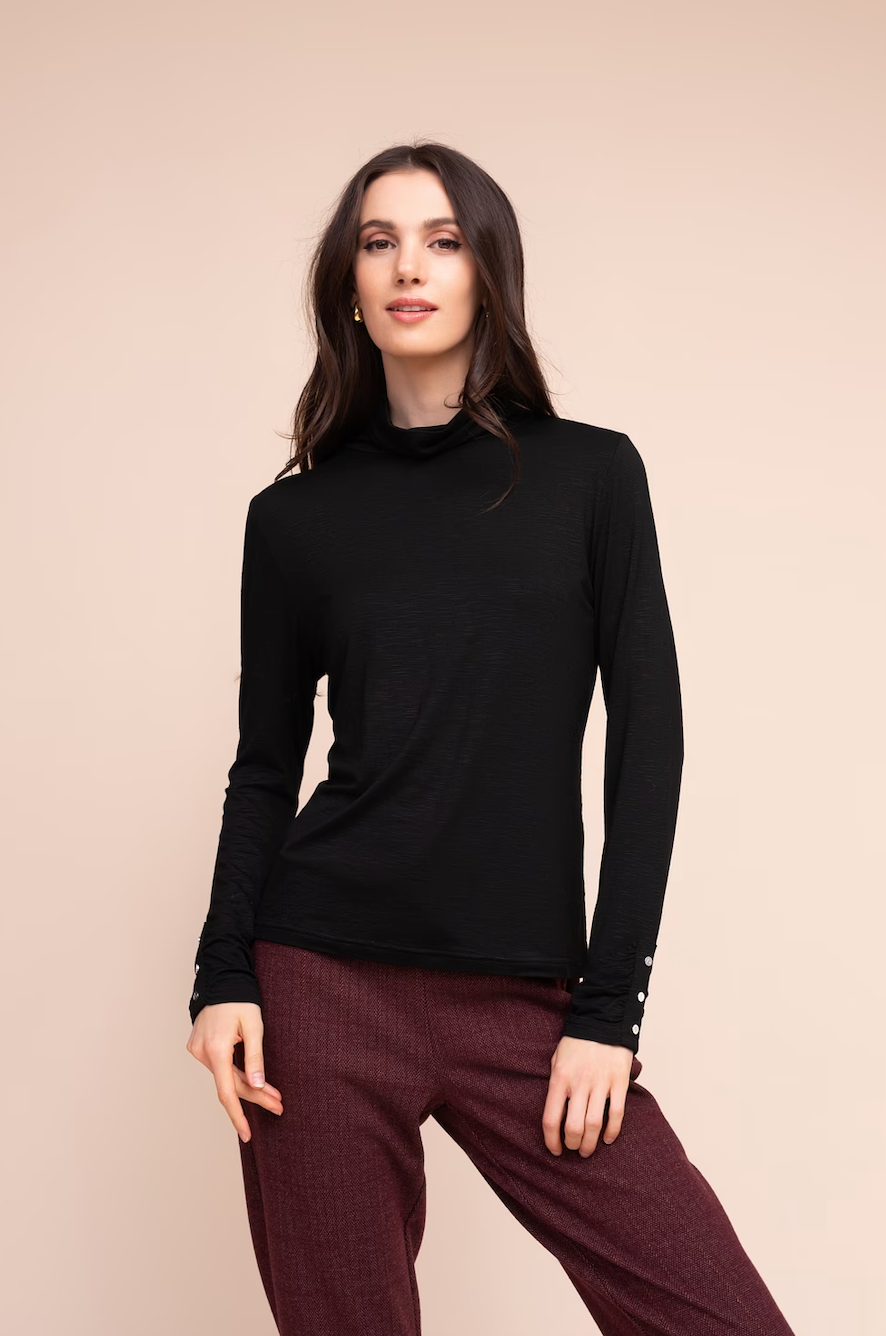 Alison Sheri Mock Neck Pullover w/Button Detail Black A48047