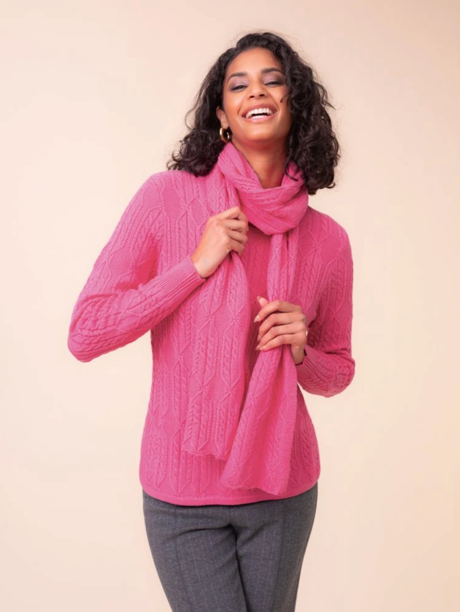 Alison Sheri Cable Knit Sweater w/Removable Scarf Fuchsia A48068