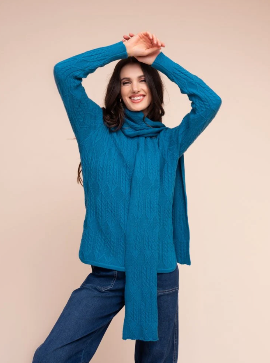 Alison Sheri Cable Knit Sweater w/Removable Scarf Teal A48068