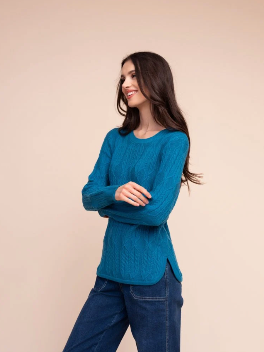Alison Sheri Cable Knit Sweater w/Removable Scarf Teal A48068