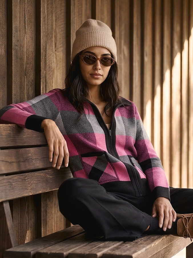 Alison Sheri Plaid Knit Zip Cardigan Fuchsia Combo A48221