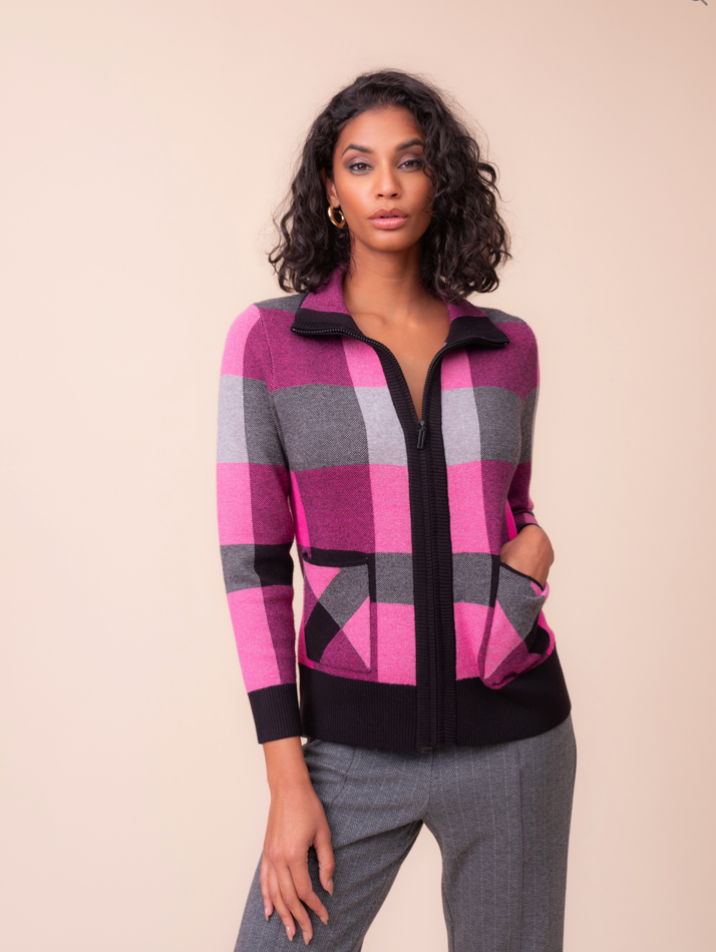 Alison Sheri Plaid Knit Zip Cardigan Fuchsia Combo A48221