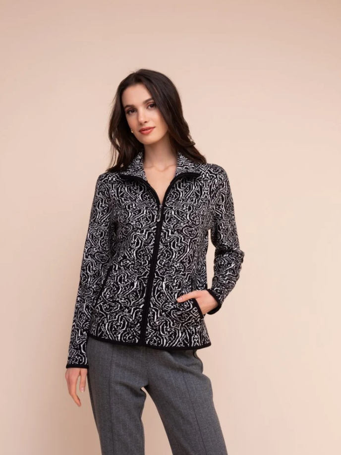 Alison Sheri Abstract Zip Up Cardigan Black/White A48251