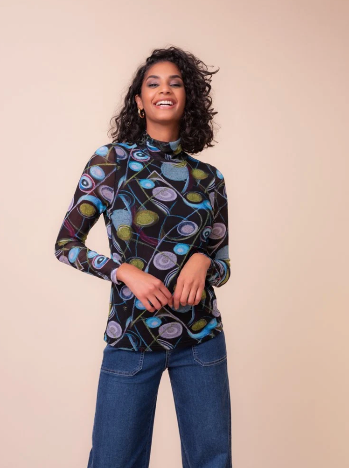 Alison Sheri Abstract Mock-Neck Pullover Black/Multi A48261