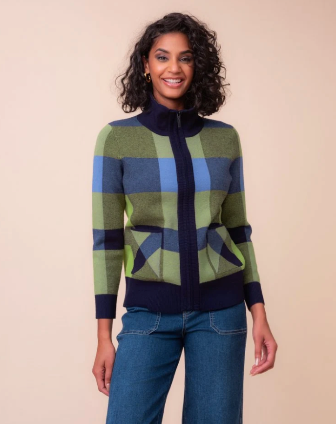 Alison Sheri Plaid Knit Zip Cardigan Blue/Green Combo A48283
