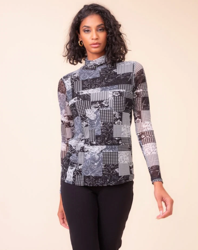 Alison Sheri Abstract Mock-Neck Pullover Black/White A48375