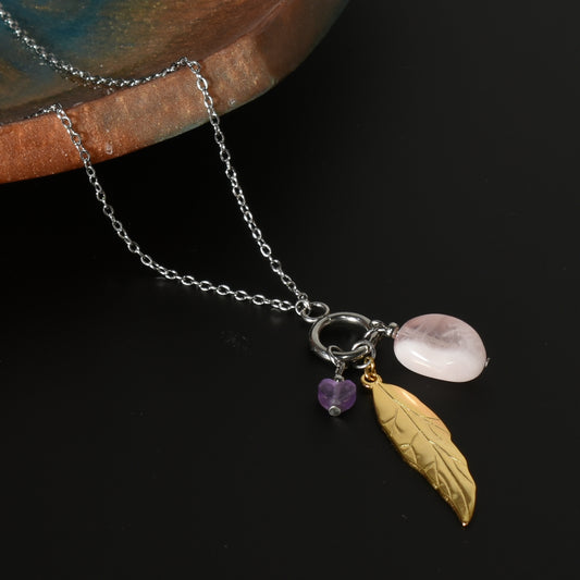 J&J Designs Avery Stainless Steel Necklace w/Amethyst Heart and Rose Quart Stone