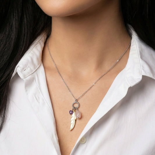 J&J Designs Avery Stainless Steel Necklace w/Amethyst Heart and Rose Quart Stone