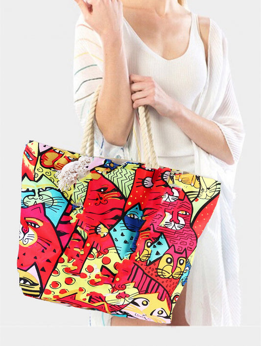 Cherie Bliss Cat Print Oil Painting Shoulder Tote BG157616