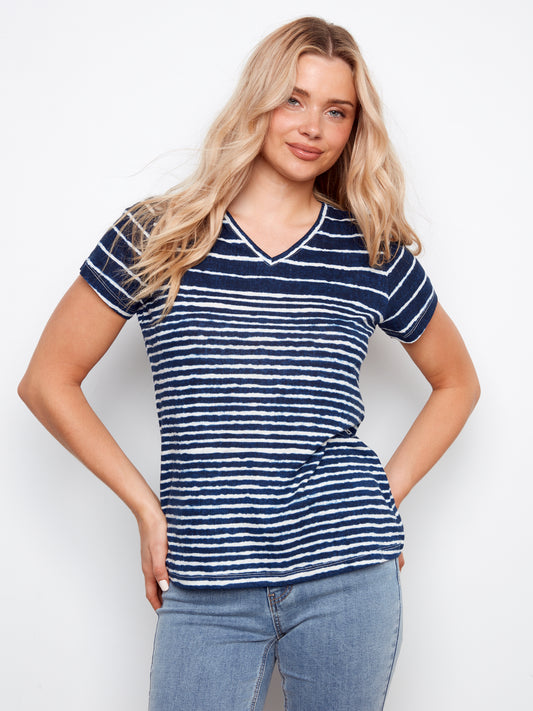 Charlie B V-Neck Short Sleeve T-shirt  Stripes C1231BPK-258C-P474