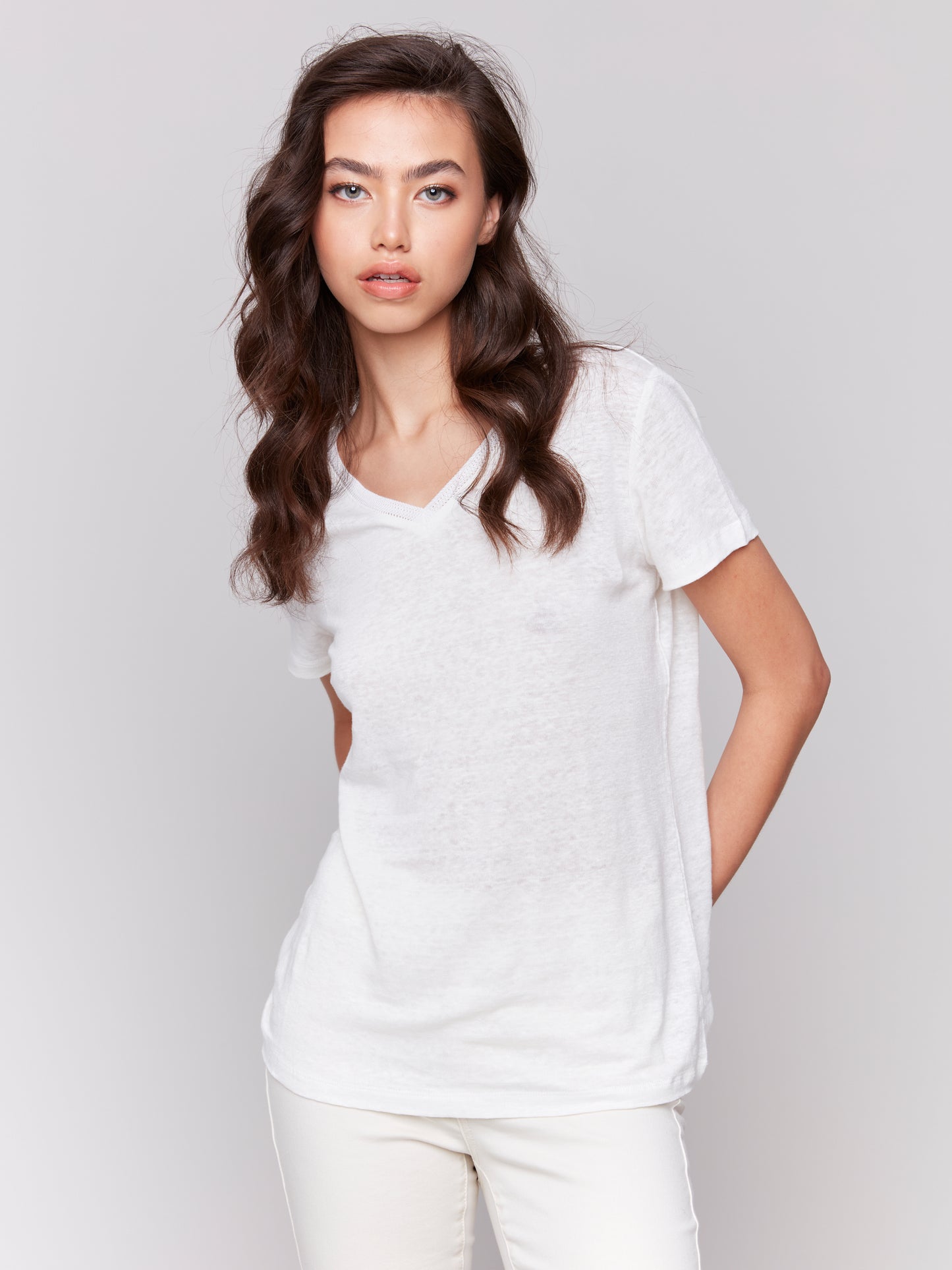 Charlie B Linen Jersey Knit V-Neck T-Shirt Natural C1231TPK-291C-100