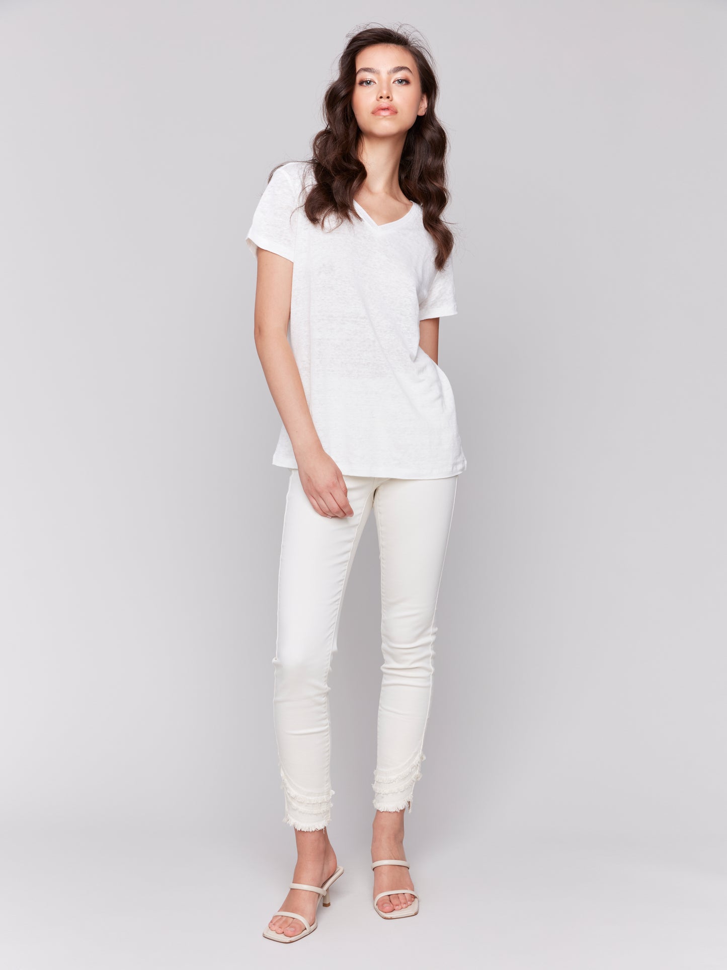 Charlie B Linen Jersey Knit V-Neck T-Shirt Natural C1231TPK-291C-100