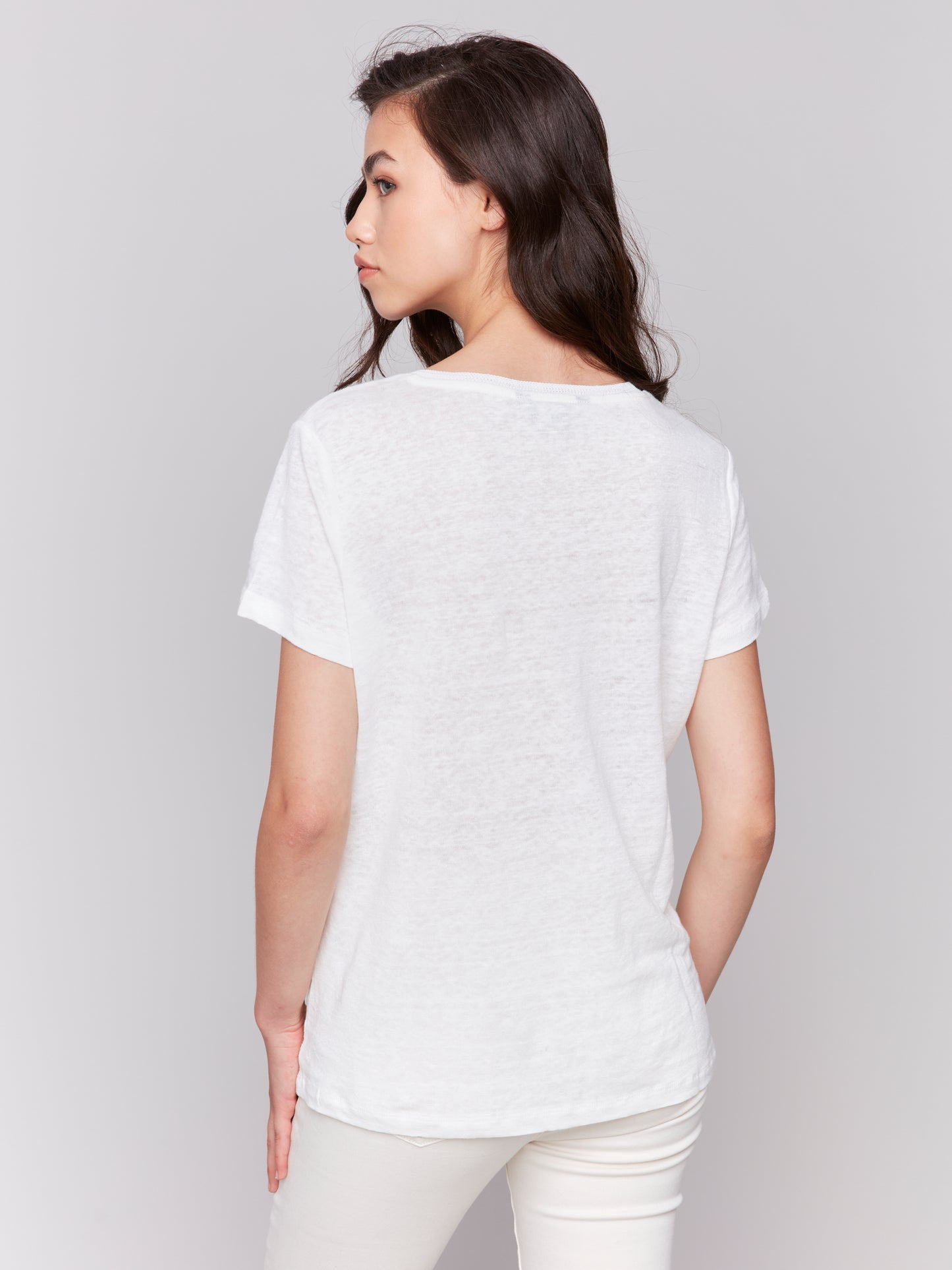 Charlie B Linen Jersey Knit V-Neck T-Shirt Natural C1231TPK-291C-100