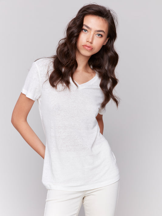 Charlie B Linen Jersey Knit V-Neck T-Shirt Natural C1231TPK-291C-100
